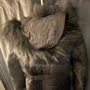 Preto LezALez Coat  -Large -fur hood - 3/4 black winter jacket with belt